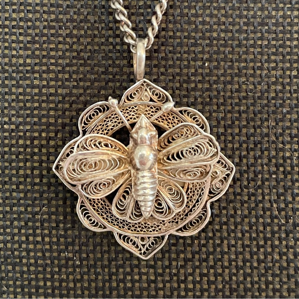 Intricate Silver Filagree Butterfly Pendant Necklace